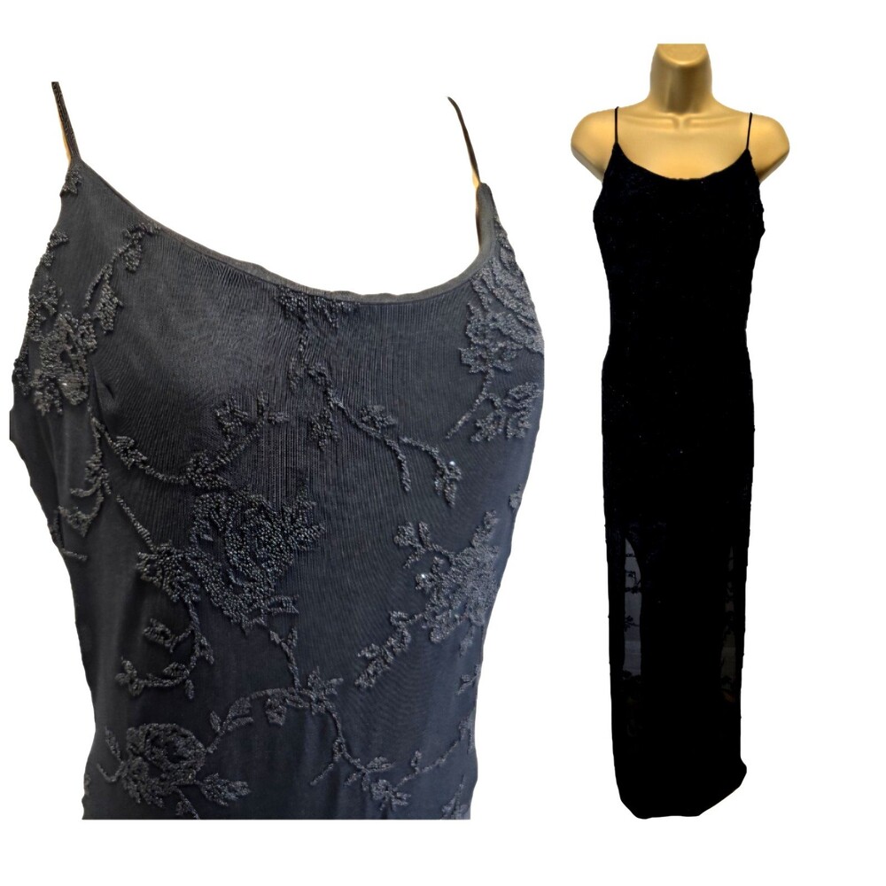 Vtg Faviana Black Evening Formal Maxi Slip Dress 8 Long Beaded Fairy Grunge Glam